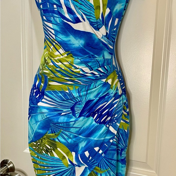 Cache Blue and Green Dress Tropical Leaf Ruched Bodycon Faux Wrap Size Small - Picture 2 of 9